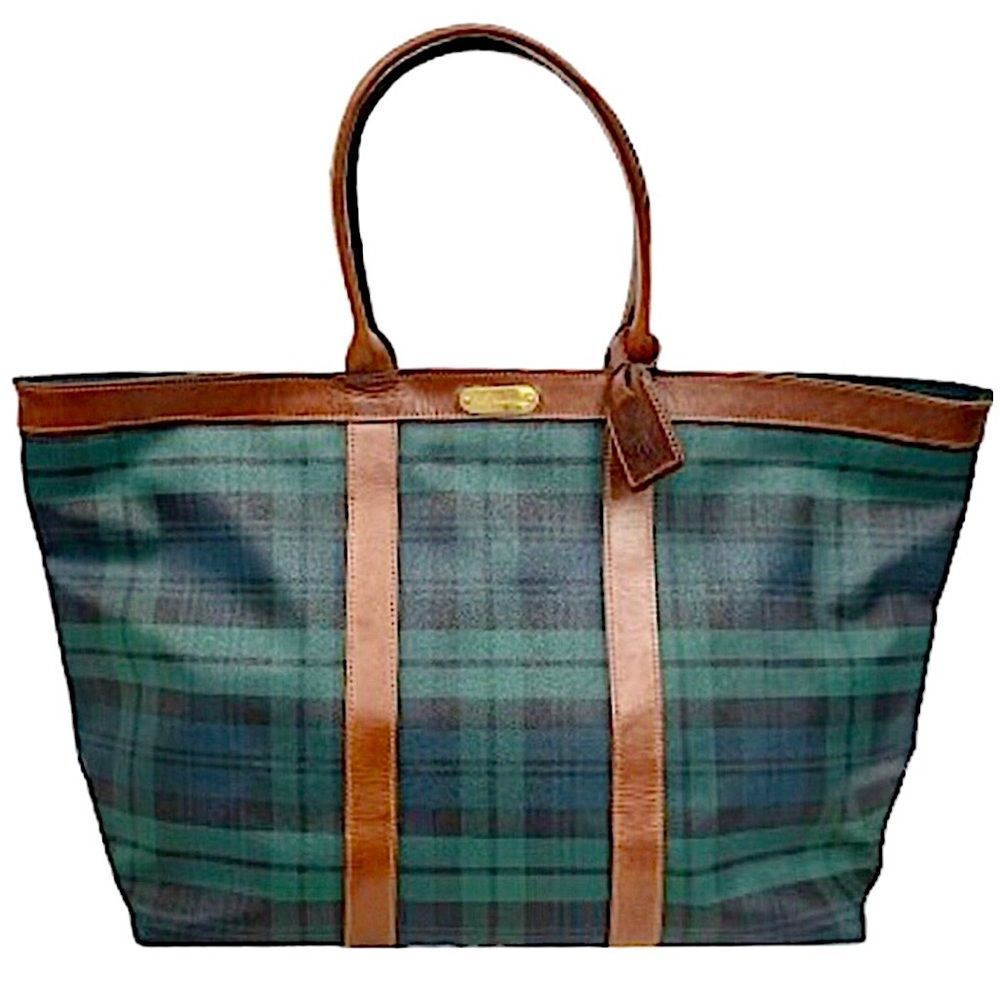 RALPH LAUREN Black Watch Plaid Oversized Top Zip Coated Canvas Leather Tote Bag